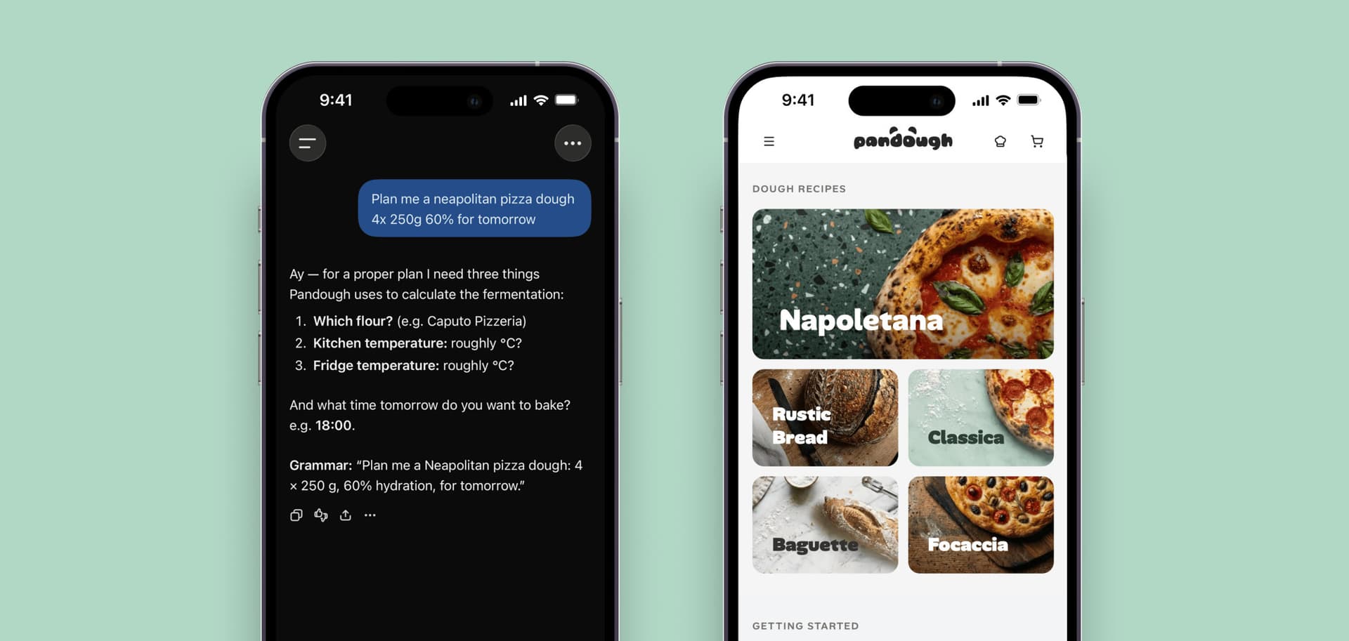 Two phones on a mint background: a ChatGPT conversation about a dough plan beside the Pandough home screen