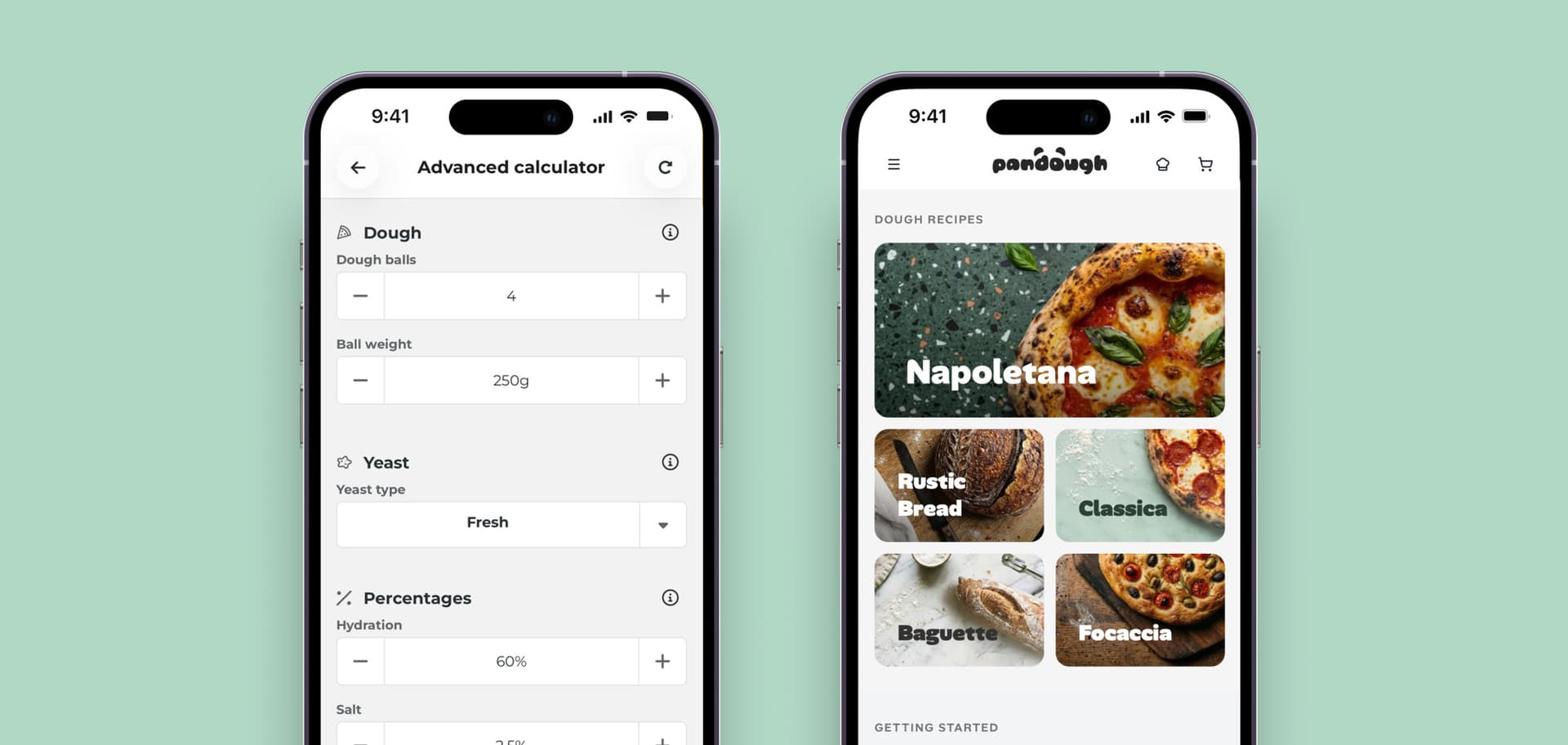 Two phones on a mint background: the Ooni calculator beside the Pandough home screen