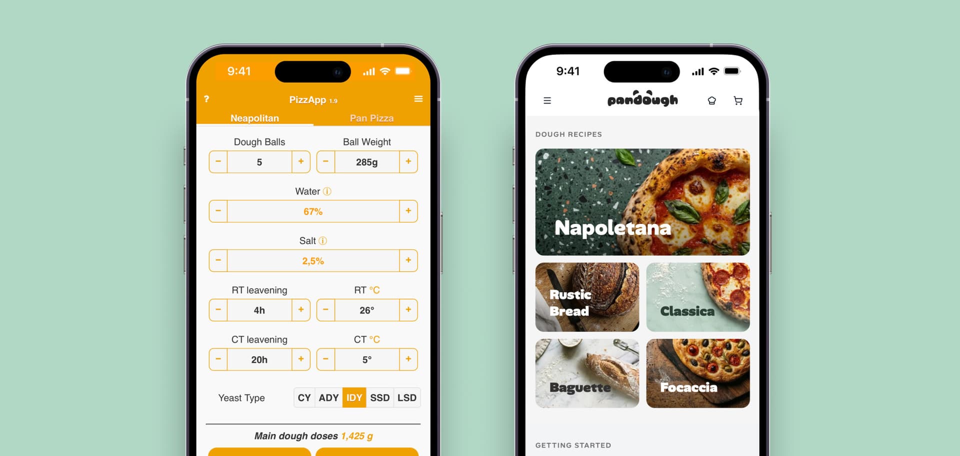 Two phones on a mint background: the PizzApp calculator beside the Pandough home screen