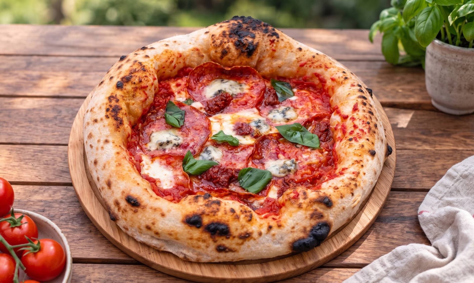 Pizza with a very tall, airy cornicione and a thin center